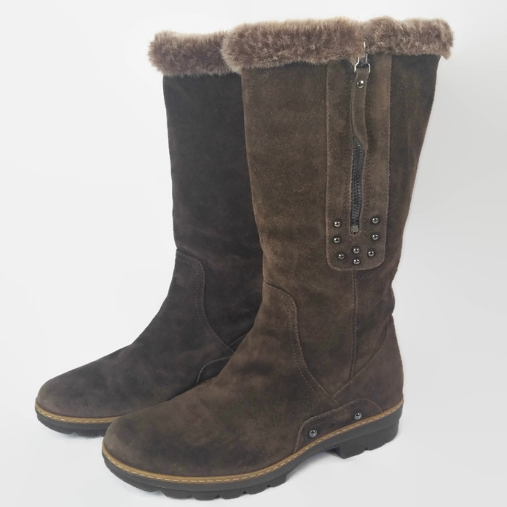 Aquatalia Brown Suede Fur Lined Tall Studded Boots